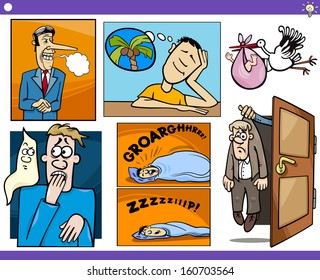Illustration Set of Humorous Cartoon Vector Concepts or Ideas and Metaphors with Funny Characters