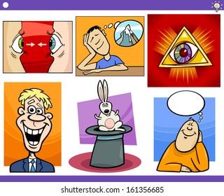 Illustration Set of Humorous Cartoon Vector Concepts or Ideas and Metaphors with Funny Characters
