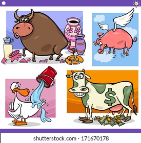 Illustration Set of Humorous Cartoon Vector Sayings or Proverbs Concepts and Metaphors with Funny Animal Characters