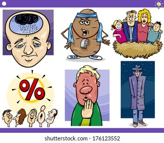 Illustration Set of Humorous Cartoon Vector Concepts or Ideas and Metaphors with Funny Characters
