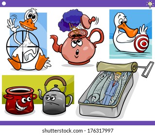 Illustration Set of Humorous Vector Cartoon Concepts or Ideas and Metaphors with Funny Characters