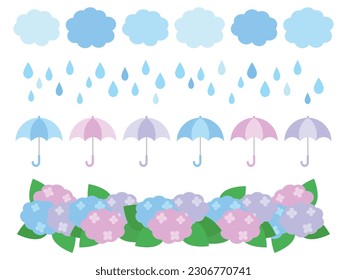 Ilustración de hortensias y lluvias que son comunes en la estación lluviosa