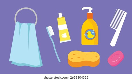 Ilustração de um conjunto de itens de higiene em um fundo roxo.
