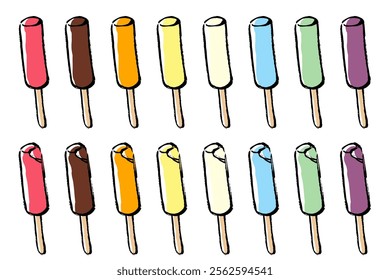 Illustration set of ice cream on a stick with a touch of brush