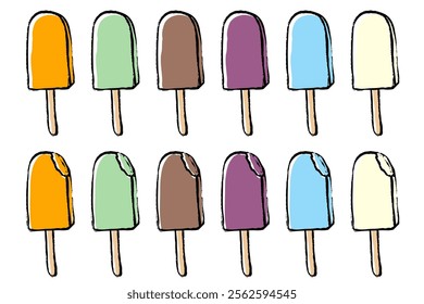 Illustration set of ice cream on a stick with a touch of brush