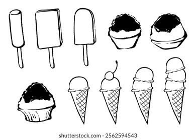 Illustration set of ice cream and shaved ice with brush touch