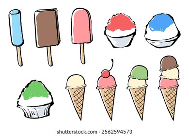 Illustration set of ice cream and shaved ice with brush touch