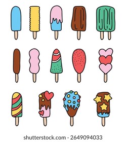 Illustration set of ice cream stick popsicle line art vector. with colorful flavours