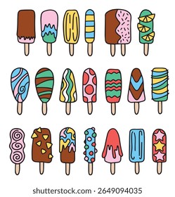 Illustration set of ice cream stick popsicle line art vector. with colorful flavours