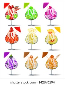 illustration of a set of ice-cream with fruits in a glass goblet