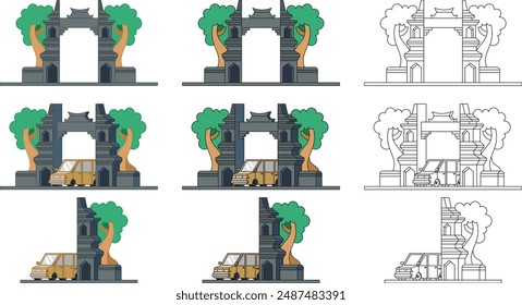 illustration set icon car and gapura vector art