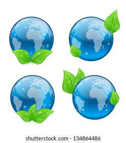 Illustration set icon earth with green leaves isolated on white background, environment symbols - vector
