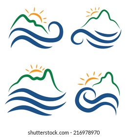 Illustration set icon of mountains,waves and sun.Vector