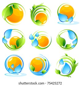 illustration of set of icon with sun, tree and water