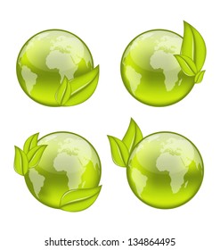 Illustration set icon world with eco green leaves isolated on white background - vector