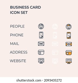 illustration a set of icons for business card with fit on all colour background use cute line style design.