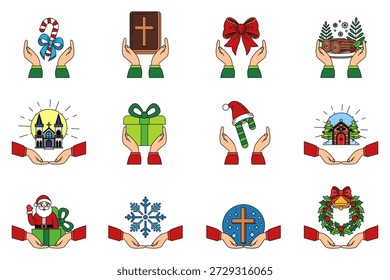 Illustrationssatz Ikonen von Weihnachtselementen und Religion