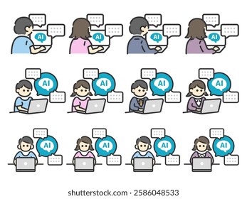 An illustration set of icons (color line drawings) of people who work using AI.