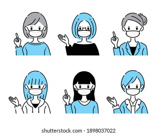 Illustration of a set of icons for a group of women with masks.