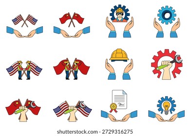Conjunto de ícones de ilustração de trabalho e trabalho em equipe