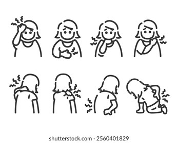 An illustration set of icons (line drawings) of women with various physical symptoms.