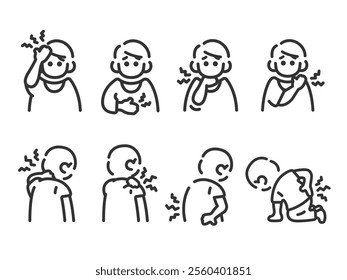 An illustration set of icons (line drawings) of men with various physical symptoms.