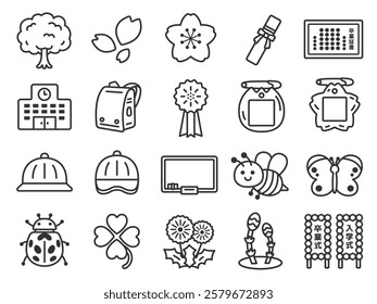 Illustration set of icons (line drawings) for graduation and entrance season.

The Japanese words sotsugyoshiki and nyugakushiki mean graduation ceremony and entrance ceremony in English.