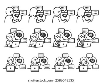 An illustration set of icons (line drawings) of people who work using AI.