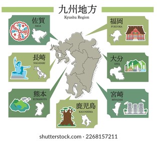 It is an illustration of a set of icons, maps, and specialty tourism in the Kyushu region of Japan.