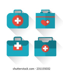 Illustration set icons of medicine chest with long shadow in flat style - vector