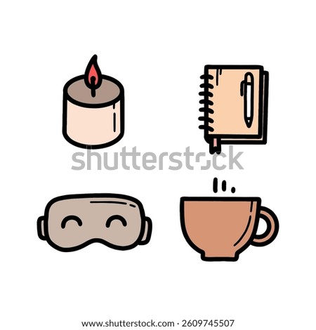 Illustration of a set of icons of notebook, candle, eye mask and coffee cup depicting mental health for rest