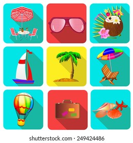 illustration set of icons on a theme vacation with sunglasses, a suitcase and a yacht