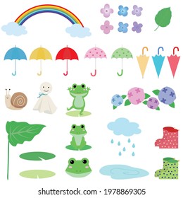 Illustration of a set of icons related to the rainy season in Japan.