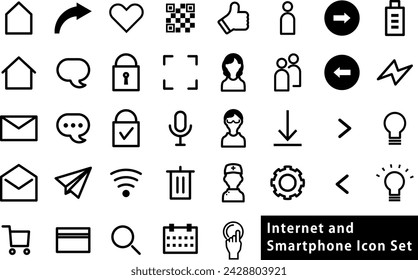  Conjunto de ilustraciones de iconos relacionados con los teléfonos inteligentes e Internet.Las partes se dejan principalmente como trazos (no se expanden a rellenos) para ser editables fácilmente.