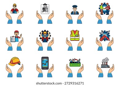 Ilustración conjunto de iconos de herramientas y mano de obra