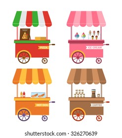 Illustration Set Icons of Trolley Cart of Pizza, Stand of Ice Creams, Showcase with Hot Dogs, Cart of Coffee. Isolated on White Background - Vector