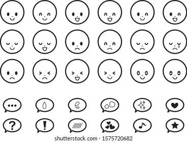 Illustration set of icons with various facial expressions.
There are also speech bubbles that express emotions.
It can be used for advertising and cards.