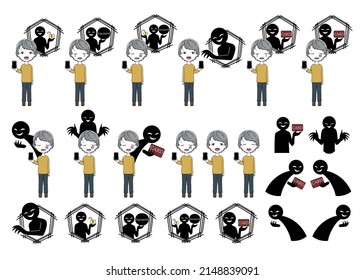 Illustration set of images of fraud and misuse of a grandmother with a black suspicious figure and a smartphone