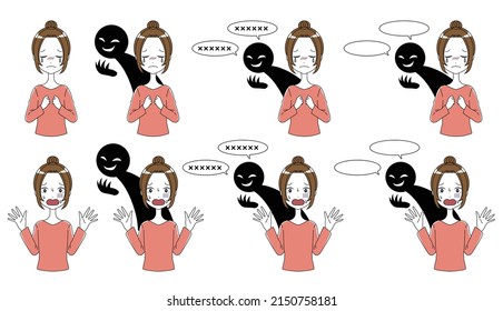 Illustration set of images such as accusation of women and black figures