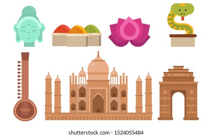 Illustration Set With Indian Cartoon Icons Isolated On White Background