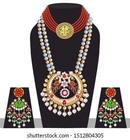 Illustration set of indian peacock wedding necklace and earrings