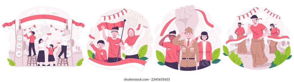 Illustration Set of Indonesia Independence Day. Flat-style vector illustration