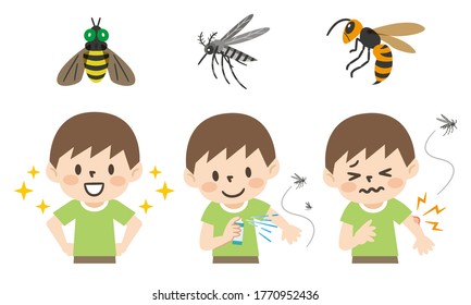 Illustration set of insect bites and preventive measures