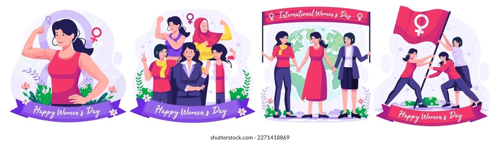 Illustration Set of International Women's Day concept with happy multinational diverse women celebrate womens day. Struggling for freedom and independence