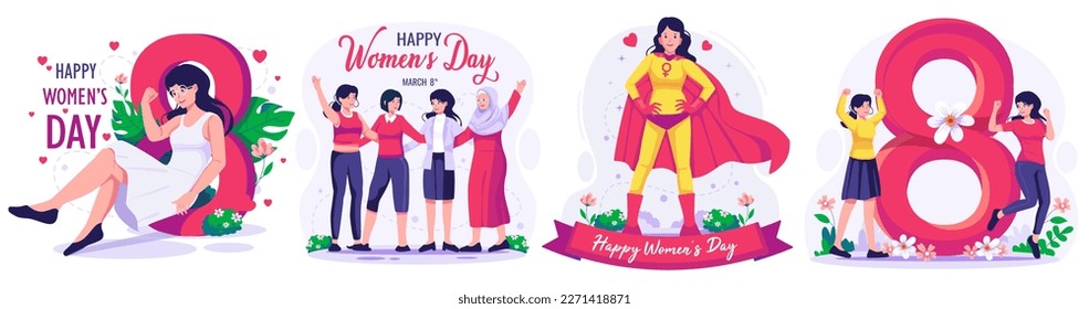 Illustration Set of International Women's Day concept with happy multinational diverse women celebrate womens day. Struggling for freedom and independence