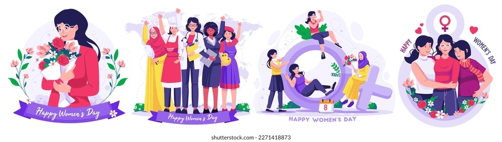 Illustration Set of International Women's Day concept with happy multinational diverse women celebrate womens day. Struggling for freedom and independence