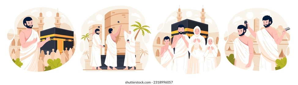 Illustration Set of Islamic Hajj Pilgrimage. Muslim People performs Islamic Hajj Pilgrimage. Man and Woman Hajj characters wear ihram clothes with a Kaaba background. Vector illustration