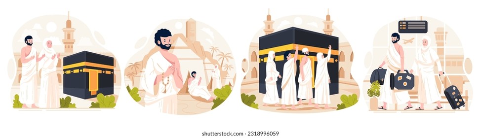 Illustration Set of Islamic Hajj Pilgrimage. Muslim People performs Islamic Hajj Pilgrimage. Man and Woman Hajj characters wear ihram clothes with a Kaaba background. Vector illustration