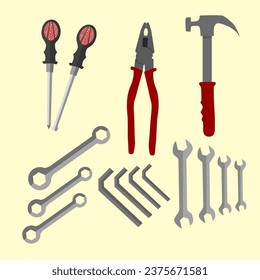 Illustration set isolated icons building tools repair, construction building, hammer, screwdriver, pliers, allens keys