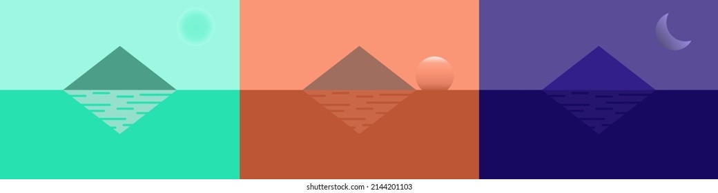 Ilustración de una isla aislada en diferentes momentos, con el amanecer, la puesta de sol y la luna.
